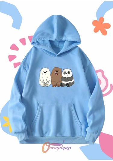 Çocuk Unisex Ayıcıklar Baskılı Oversize Kapüşönlü Sweatshirt Mavi