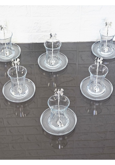 18 Parça Çay Seti Gümüş Kelebek Çay Kaşıklı 6 Bardak 6 Tabak 6 Kaşık Gümüş