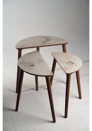 Roma 3'lü Zigon Sehpa %100 Mdf Yarım Ay Buz Gri Mermer Desen