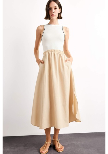 Defacto A Kesim Pamuklu Kolsuz Midi Elbise G1358ax25smer105 Ekru