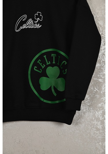 Çocuk Celtic Oversize Baskılı Pamuklu Uzun Kollu Bisiklet Yaka Sw Siyah