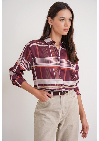 4751 Kadın Ekose İnce Saten Gömlek Bordo Bordo