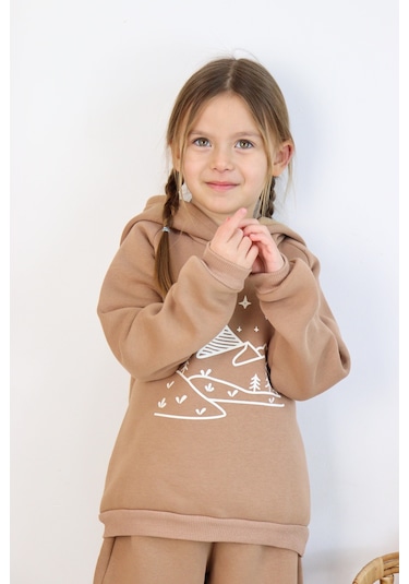 3 İp Baskılı Kapüşonlu Şardonlu İkili Takım Kahverengi