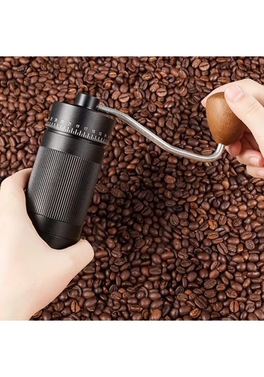 Honeybeeshop Premium Manuel Kahve Değirmeni Siyah Ahşap Saplı Paslanmaz Çelik Gövdeli Ayarlanabilir Öğütme