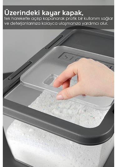 2 Adet Etiketli Deterjan Saklama Kutusu - Kilitli Kayar Kapak Tablet Toz Deterjan Kabı 10 Lt Gri Gri