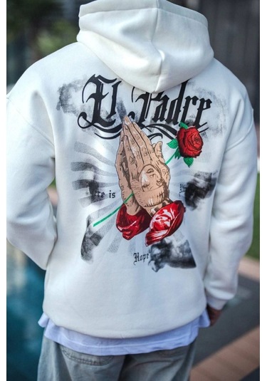 Üç İplik Penye Kapşonlu Baskılı Sweatshirt - Beyaz Anrasit