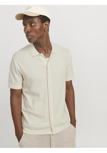 Jack & Jones Erkek Örme Gömlek - Emil - 12268220 Cloud Dancer Çok Renkli