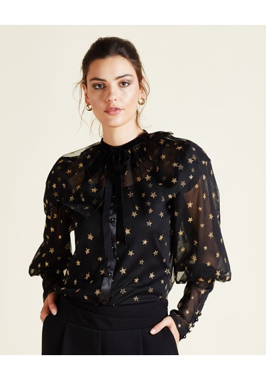 Yıldız Desenli Transparan Tül Gömlek Işıltılı Ve Romantik Tasarım Siyah