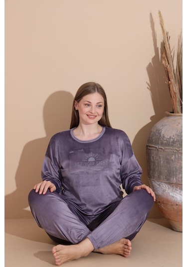 Boyraz Kadın Kışlık Fransız Kadife Büyük Beden Bisiklet Yaka Uzun Kol Pijama Takımı 03139 - 1 Adet Açık Mor