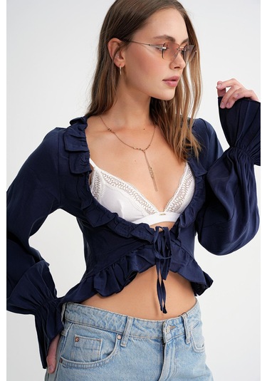 4712 Kadın Volanlı Modal Bolero Bluz Lacivert Lacivert