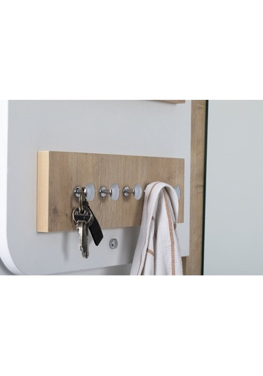 Elbise Askısı / Aynalı Askı / Dekoratif Askılık / Portmanto /duvar Askılık / Flora Dafne Beyaz - Meşe