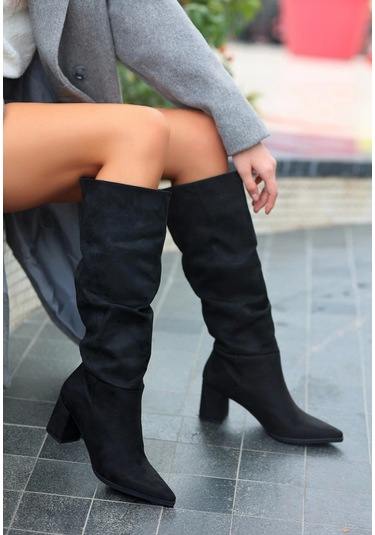 Roksa Siyah Süet Topuklu Çizme Siyah Süet Siyah