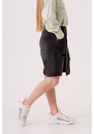 Kız Çocuk Şeritli Kot Şort Etek 2875 Gri