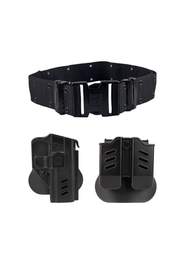 Delikli Örme Palaska - Kilitli Taktik Silah Kılıfı Ve Taktik İkili Şarjörlük 3 Lü Set Siyah