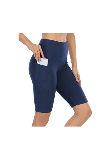 Beş Puan Spor Şort Kadın Yan Cebi Kalça Dar Ve Elastik Koşu Spor Sıcak Pantolon Yüksek Bel Yoga Şort Mavi - Gri