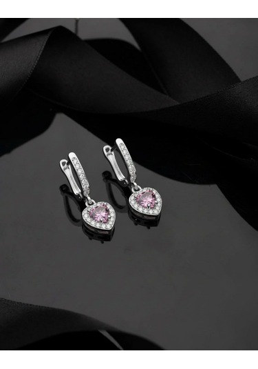925 Ayar Pembe Taşlı Rodyum Pırlanta Işıltılı Sallantılı Kalp Gümüş Küpe Gümüş