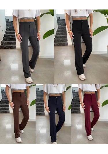 Sensuelle Kadın Yüksek Bel Full Likralı Krep Kumaş Pantolon Gri