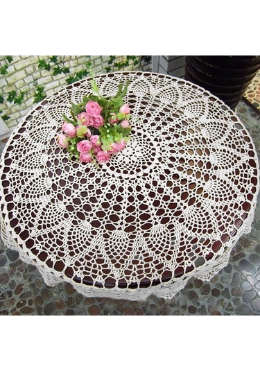 Ulzyvf El İşi Pamuklu Dantel Masa Örtüsü - 65-70 Cm Yuvarlak Ayçiçeği Desenli Beyaz Beyaz