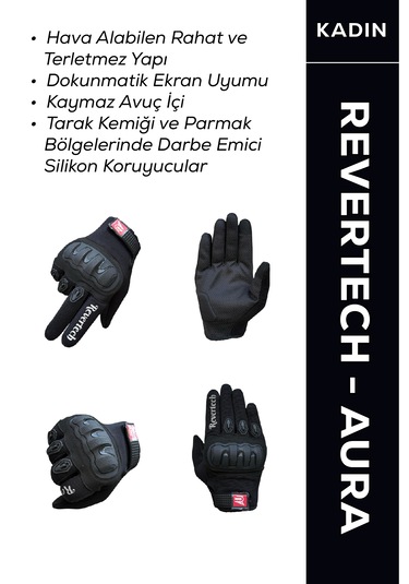 Revertech Aura Siyah - Dokunmatik Ekran Uyumlu Kadın Motosiklet Eldiveni + Buff li