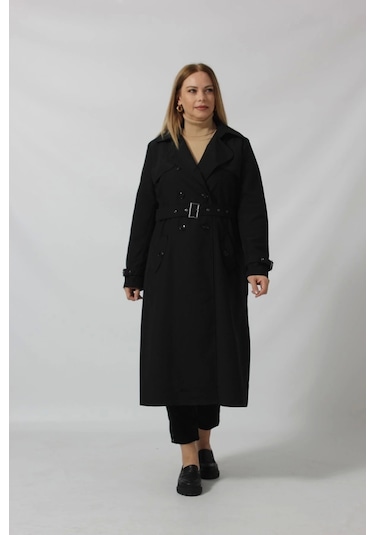 Dizaltı Düğmeli Kuşaklı Trençkot Siyah Siyah