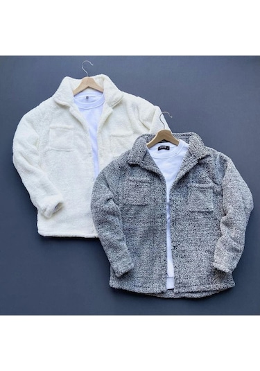 Yuvam Store Unisex 2 Li Peluş Polar Hırka Gömlek Gri Beyaz