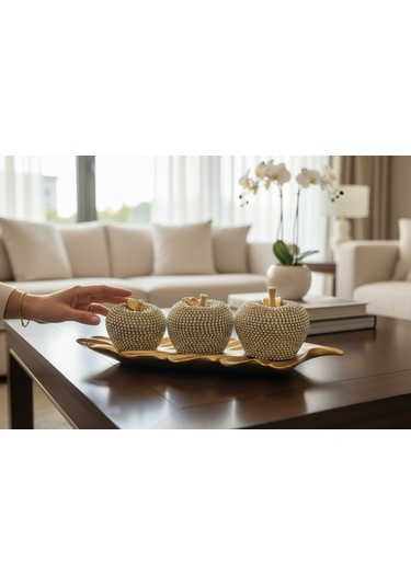 Frefly Store 3'lü Altın Taşlı Elma Dekor Seti Altın Yaprak Tabanlı