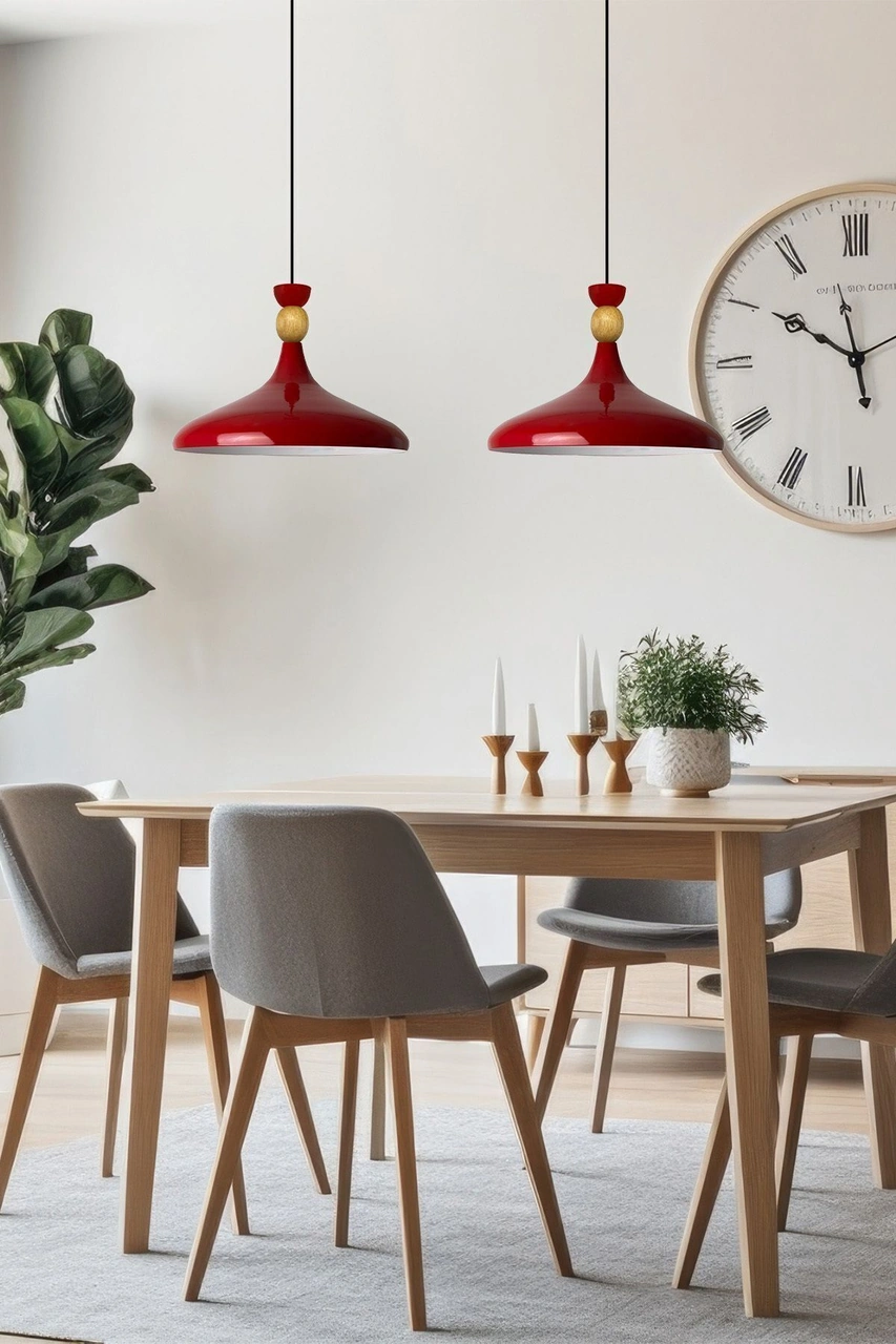 Kırmızı Ahşap Şapka Tekli Avize Sarkıt Salon Mutfak Cafe Butik Lamba Aydınlatma Avizeler Kırmızı