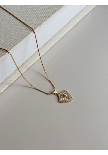 Zirkon Taşlı Plakada Kuzey Yıldızı Gold Çelik Kolye Altın