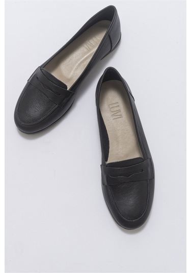 Luvishoes F02 Siyah Cilt Kadın Babet Siyah