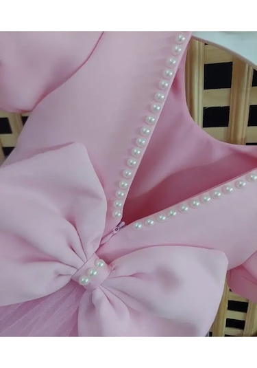 Yakası İncili Pembe Elbise Pembe