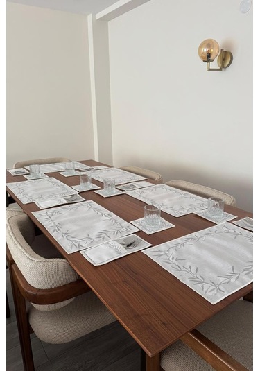 Nazlım Keten Nakışlı Amerikan Servis Takımı 19 Parça Silver Gümüş