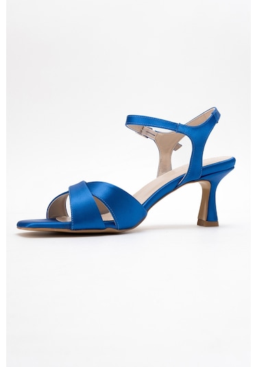 Melin Sax Mavi Saten Çapraz Bantlı Kadın Topuklu Ayakkabı Saks Mavi
