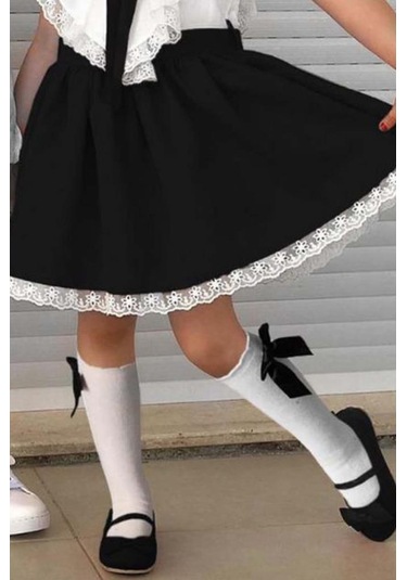 Riccotarz Kız Çocuk V Yaka Omuzları Ve Etek Ucu Dantel İşlemeli Siyah Elbise Siyah