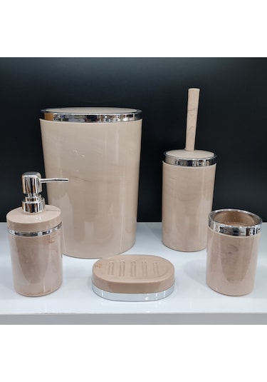 5 Parça Akrilik Yuvarlak Banyo Seti Somon Mermer Gümüş Kromaj Somon