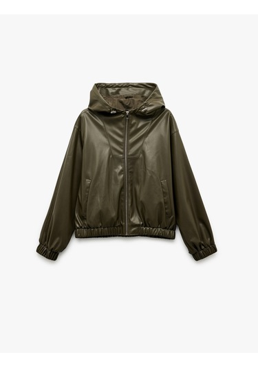 Koton Fermuarlı Cepli Uzun Kollu Kapüşonlu Crop Suni Deri Bomber Ceket Yeşil 6wak20016ew Yeşil