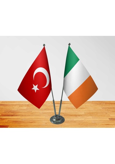 Masa Üstü İrlanda Bayrağı Türk Bayrağı İkili Krom Direk Masa Bayr