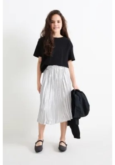 Saten Pileli Kız Çocuk Etek Gri