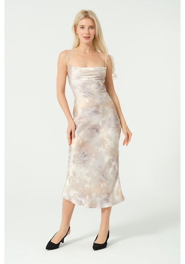 S'amore Clothing Degaje Döküm Saten Elbise Multi Bej Multi Desen