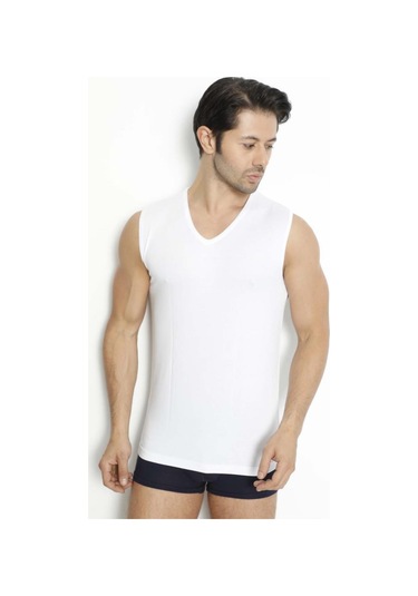 6 Adet Lüx Drm Erkek Bambu V Yaka Sıfır Kol Fanila Atlet 3904 Beyaz