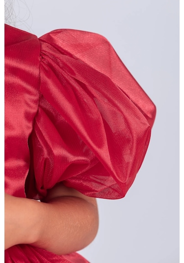 Volanella Taçlı Kız Çocuk Abiye Çift Tarz, Tek Elbise. Kırmızı