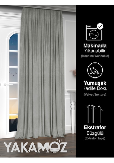 Yakamoz Kadife Görünüm Açık Gri Ada Fon Perde Ekstraforlu Velvet Touch Serisi Açık Gri