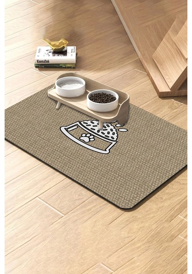 Matgo Pati Süper Mood Deri Mama Kabı Desenli Krem Beslenme Matı Kedi Köpek Mama Paspası 50x70cm