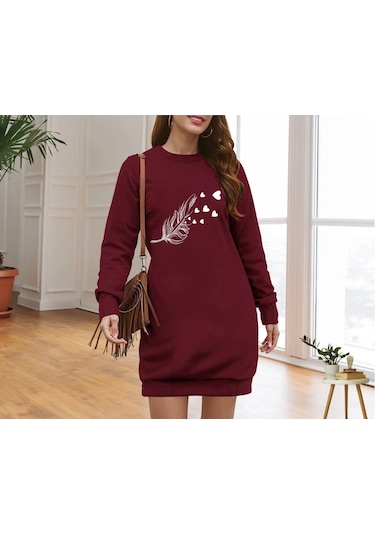 Kadın Uzun Kollu Bisiklet Yaka Desenli Viskon Iki Iplik Elbise Bordo