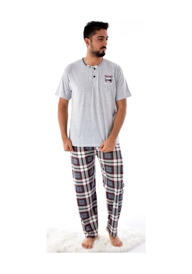 Pemilo 31102 - 1 2105 Ekose Desenli Kısa Kol Erkek Pijama Takımı Gri