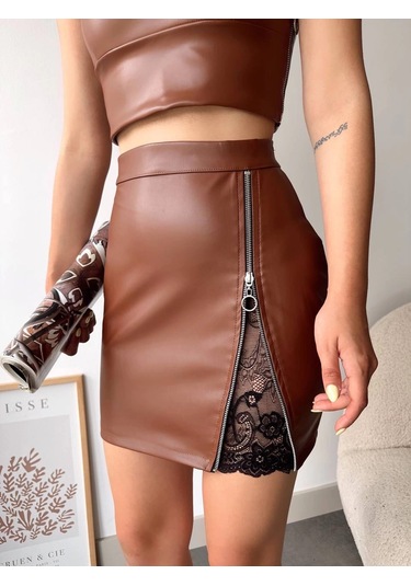Dantelli Fermuarlı Deri Etek Kahve W24598 Kahve