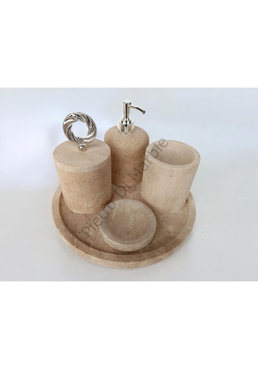 Sarı Traverten Klasik Model 5 Parça Gümüş Renk Halka Aksesuarlı Banyo Seti Sarı Traverten