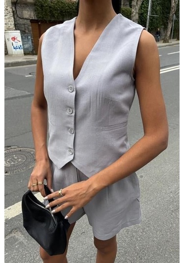 Yelek Şort Flamlı Keten Takım 10133-17 Gri