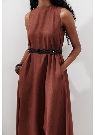 Keten Büzgülü Geniş Elbise Bakır Bakır