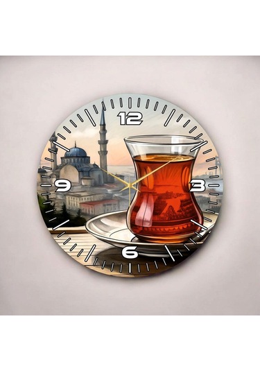 Renkli Baskı Çay İstanbul Desenli Sayılı Hediyelik Ahşap Sessiz Duvar Saati 50cm ÇOk Renkli