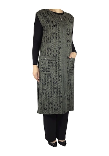 Önü Fermuarlı Desenli Cepli Kalın Kışlık Yelek Yeşil